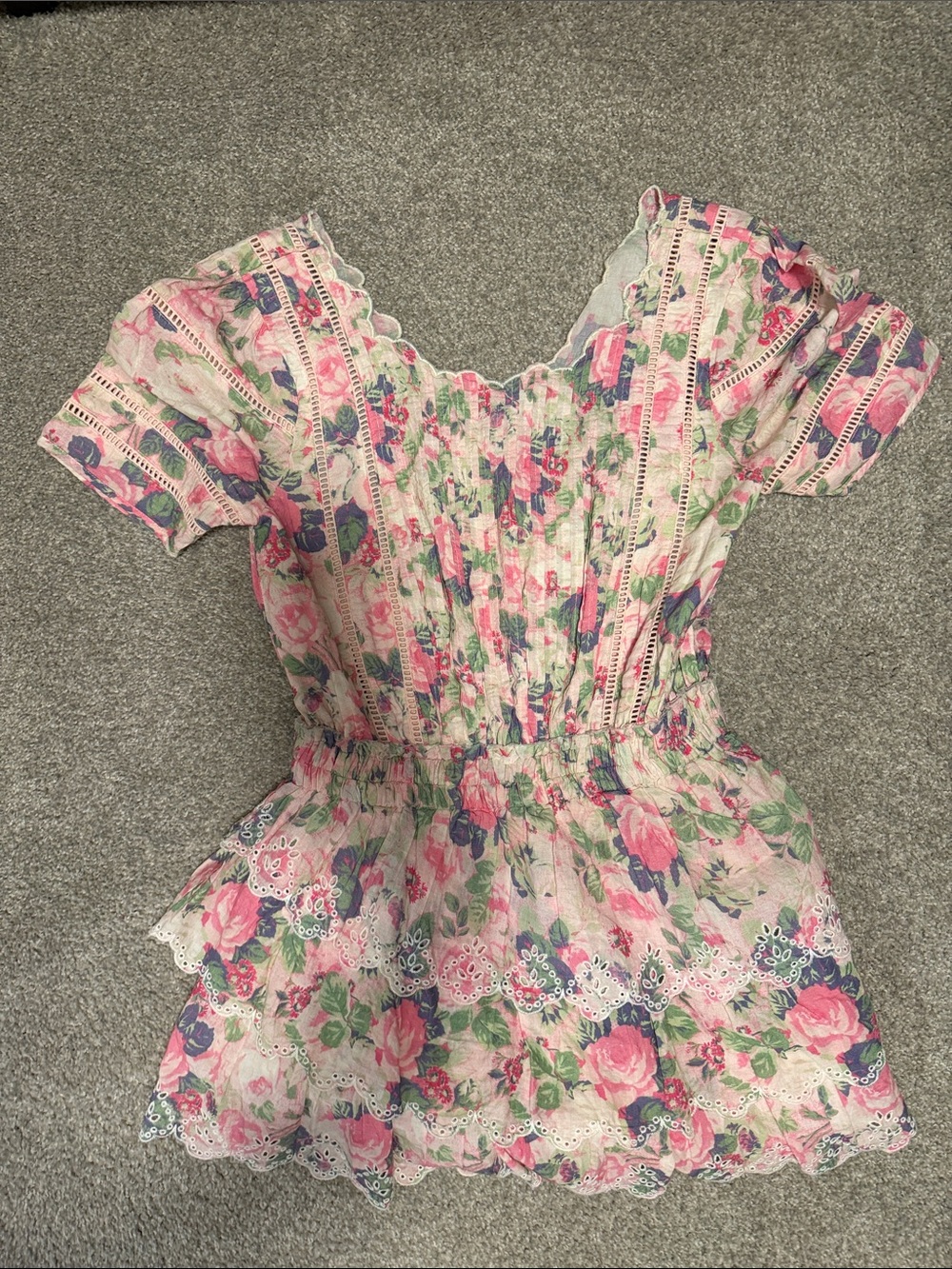LoveShackFancy Pink Floral Lace-Trim Casual Dress
